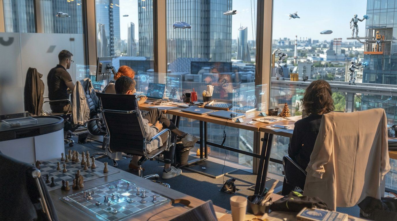 A strategy team planning where AI belongs in the business, over a city skyline