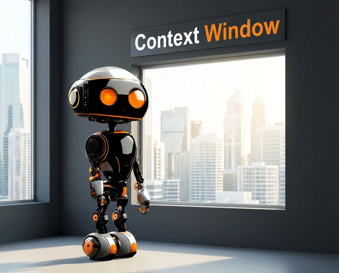 An AI robot studying a context window display over a city skyline